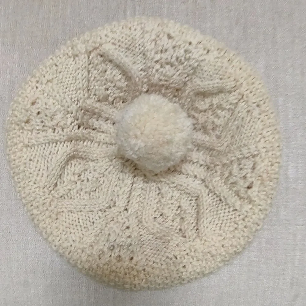 Vintage Hand Knit New Wool Irish Tam Beret Hat with Pom Pom